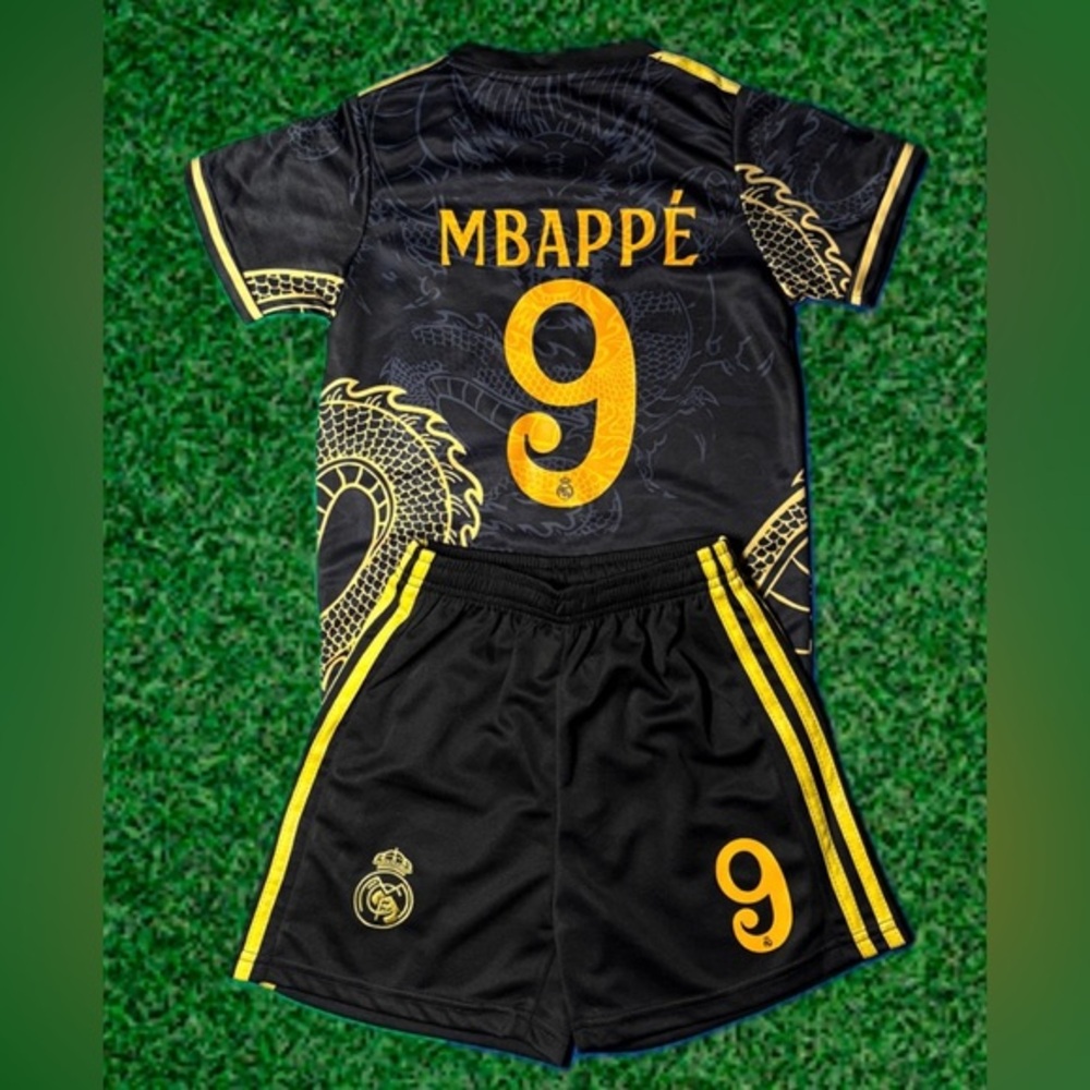 MBAPPE KIDS SOCCER JERSEY GOLD/BLACK DRAGON YOUTH TODDLER KIT BRAND NEW W/TAG